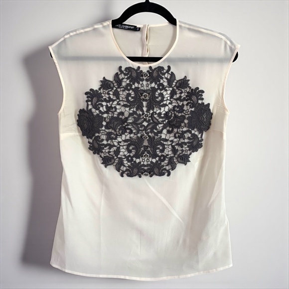 DOLCE & GABBANA Silk Black Lace Appliqué Crystal Embellished Cap Sleeve Blouse - Picture 15 of 17